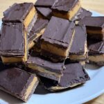Plated chocolate peanut butter bars.
