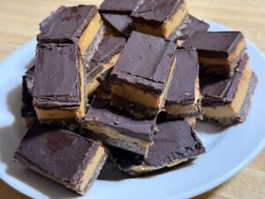 Plated chocolate peanut butter bars.